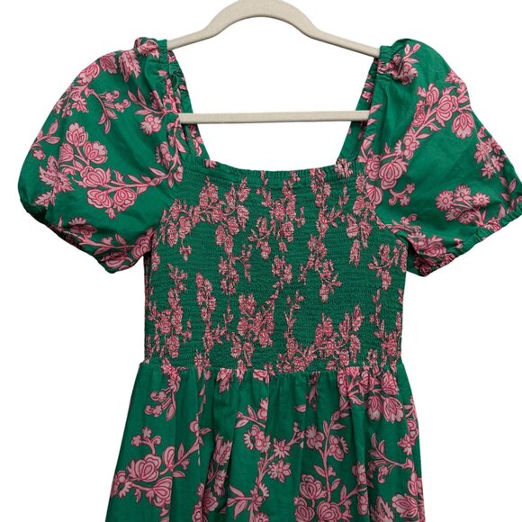 J. Crew Floral Smocked Puff Sleeves Midi Sundress XXS Green Pink Bohemian - Picture 3 of 9